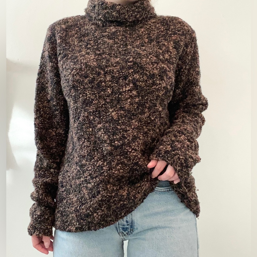 Eileen Fisher Marled Brown Turtleneck Popcorn Knit Sweater Size M